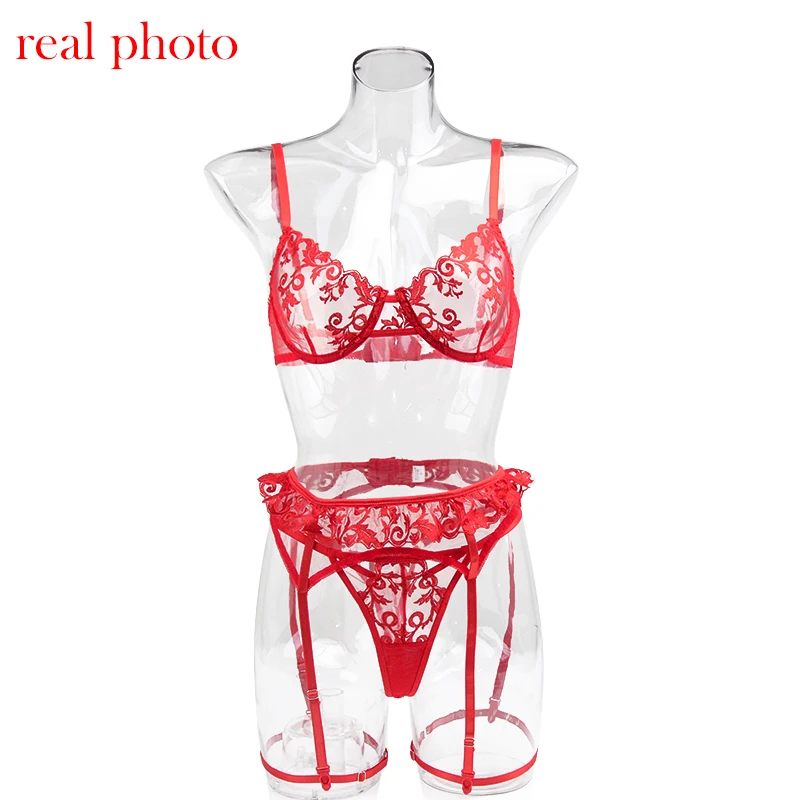 plus size bra and panty sets Ellolace Sensual Lingerie Erotic Red Lace Underwear Set Women 3 Piece Sexy Transparent Exotic Beautiful Love Secret Bra Set lace bra panty set