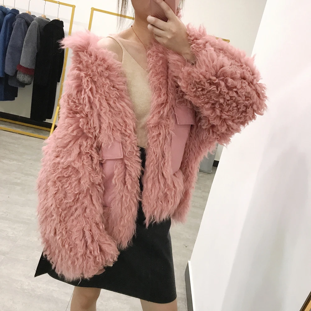 AU1036 зимняя Красивая ручная вязка кури ягненка Меховая куртка с большим карманом розовая Меховая куртка