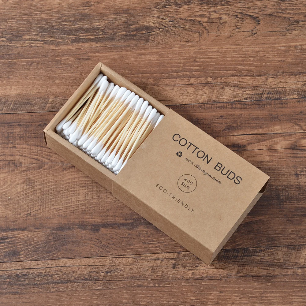 Plastic Free 200Pcs/Box Double Head Bamboo Cotton Buds Adults Makeup Cotton Swab Wood Sticks Nose Ears Cleaning Health Care Tool