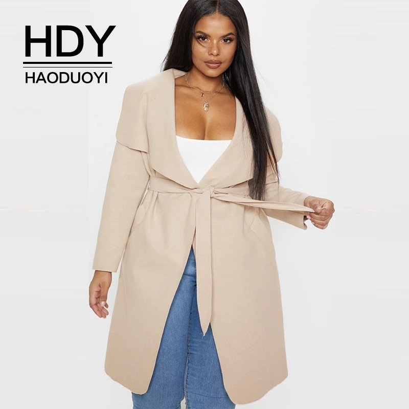 

HDY Haoduoyi Stylish Simplicity Oversized Suit Collar Lace Waist Sports And Leisure Solid Color Large Code Medium Long Coat