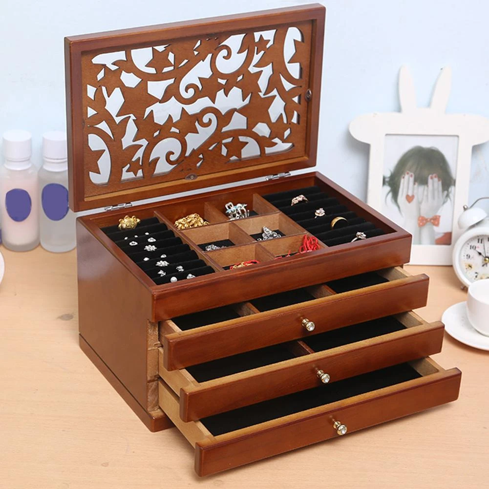 Caja de madera multicapa para joyería, expositor de joyas, cajas de anillos y pendientes, organizador de joyas, color blanco/marrón, 2/4 pisos|Cajas y recipientes de - AliExpress
