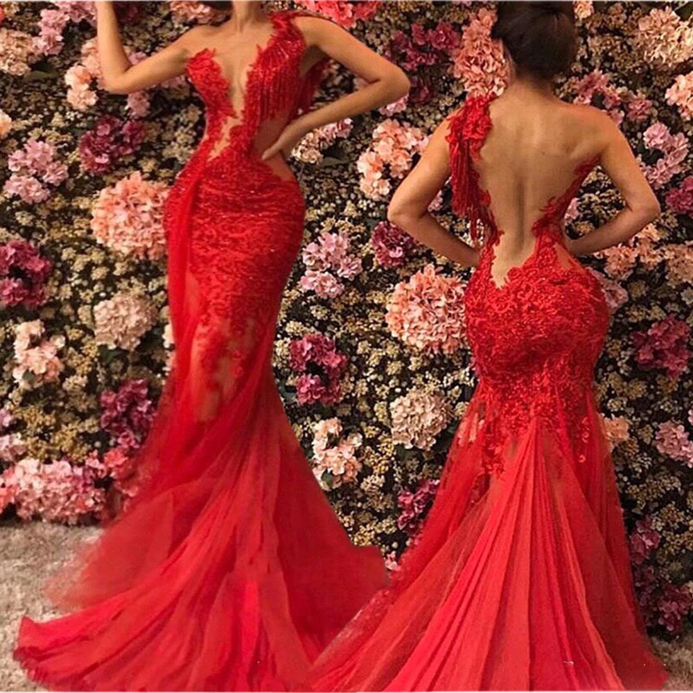 2021 Red Sheer See Through Backless Mermaid Prom Dresses Plus Size Lace Tulle One Shoulder Evening Gowns Sexy Robe De Soiree Prom Dresses Aliexpress