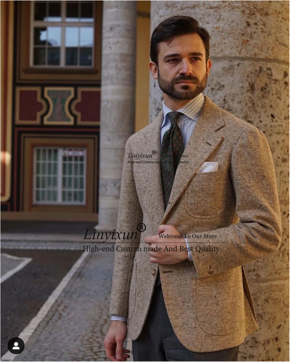 

Winter Mens Suits 2 Piece Set Tweed Formal Business Blazer Slim Fit Vintage Wedding Groom Tuxedo Prom Jacket Pants Costume Homme