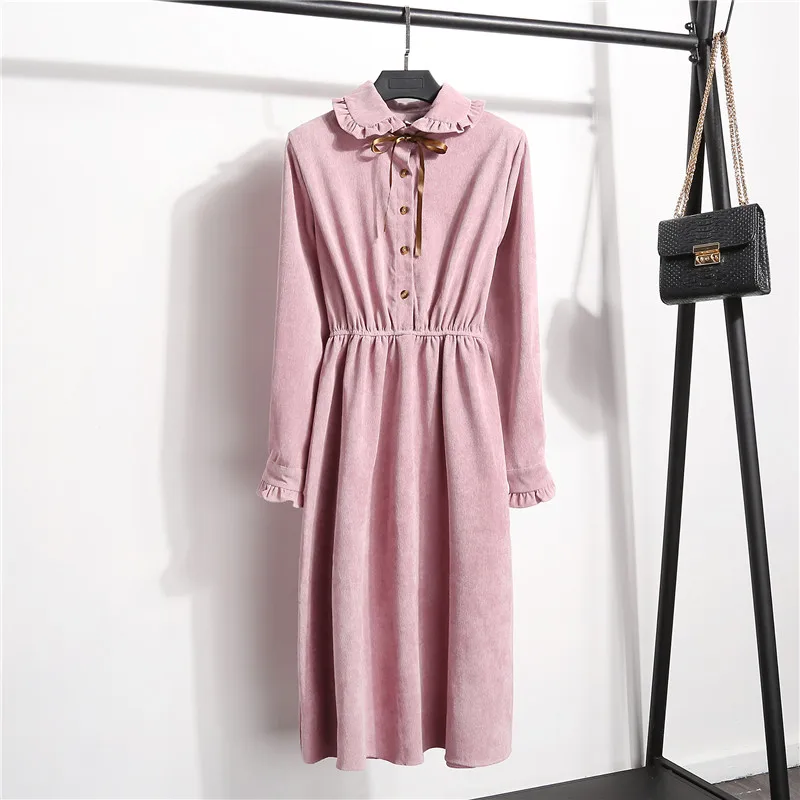 Auumn winter dress women long-sleeved ruffled bow corduroy dress french style vintage elastic waist single-breasted dress female