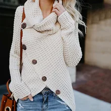 Women Turtleneck Knitted Sweaters Autumn Winter Solid Irregular Hem Long Sleeve Pullover Jumper Fashion Button Loose Sweater