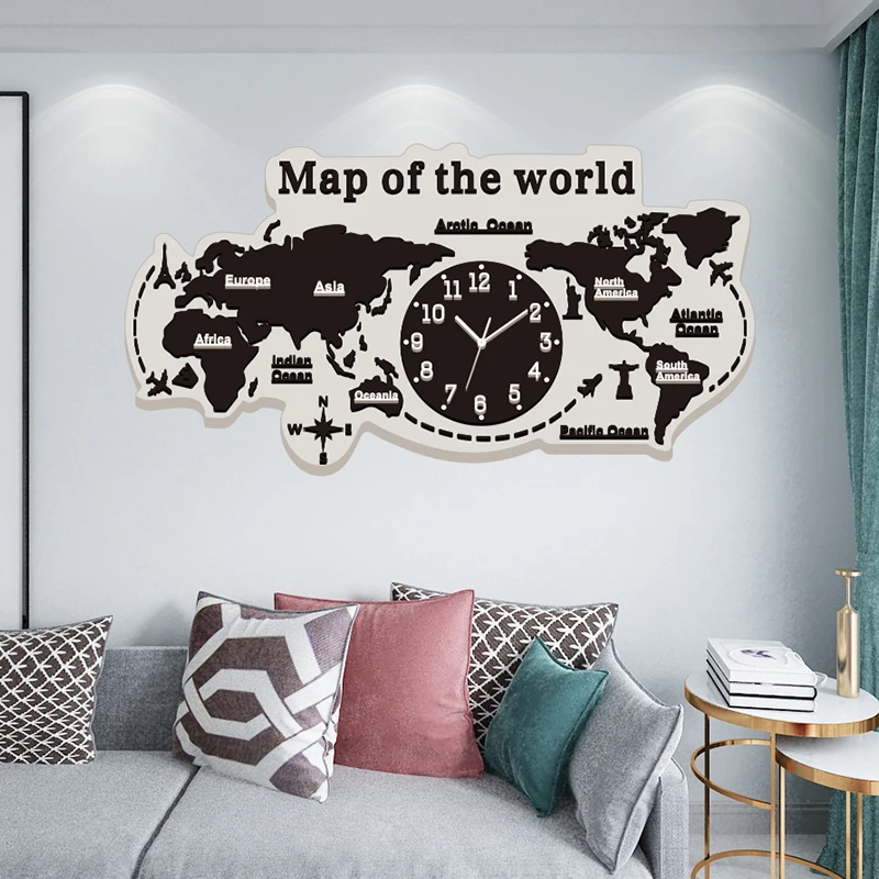 

World map Acrylic clock Black and White wall stickers Home and Store wall decals