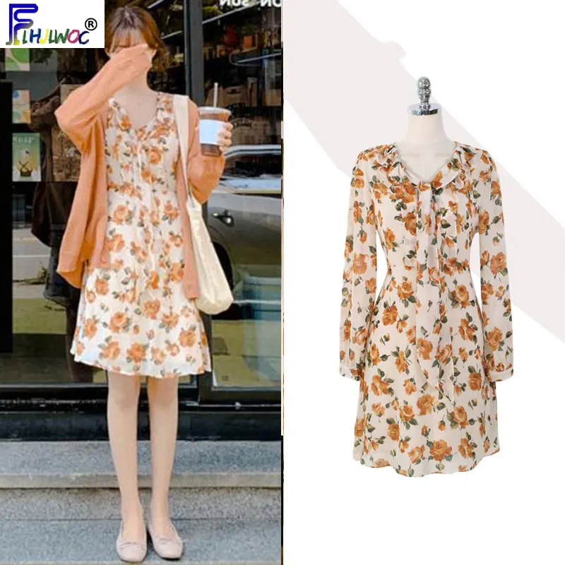 

Autumn Fall Basic Dresses Beautiful Women Long Sleeve Cute Sweet Preppy Style Design Floral Printed Chiffon Ruffled Dress 9913