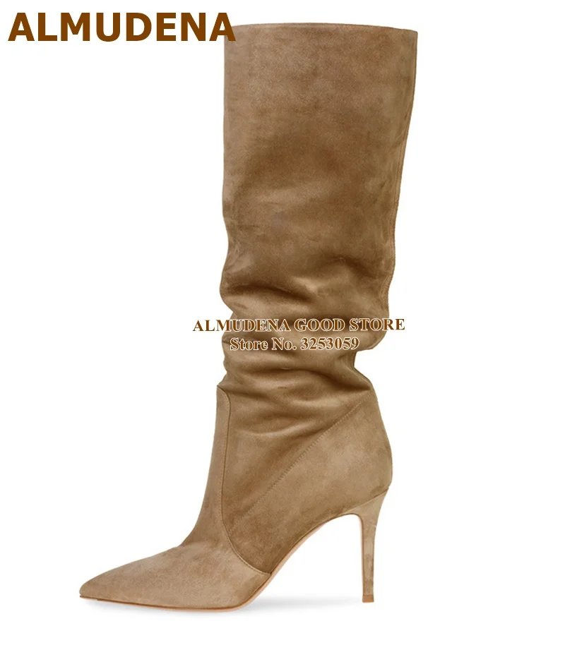 

ALMUDENA Suede Leather Pleated Knee Boots Stiletto Heels Pointed Toe Tall Boots Fall Slouch Gladiator Dress Shoes Size46 Pumps