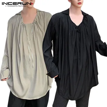 

Mens Long Sleeve Shirts Man Casual Solid Color Lace Up Shirt Male Fashion Loose Stylish Blouse Streetwear Party Tops Plus Size