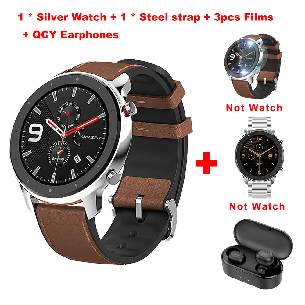 [FREE QCY] [] Huami AMAZFIT GTR 47 мм Смарт часы gps 5ATM водонепроницаемые мульти-спортивные умные часы трекер здоровья 24 дня - Цвет: Silver all sets