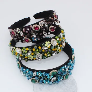 

Handmade Luxury Charm Baroque Sequins Bead Crown Tiara Flower Rhinestone Hair Bands Green Crystal Headband Purple Party Jewelry