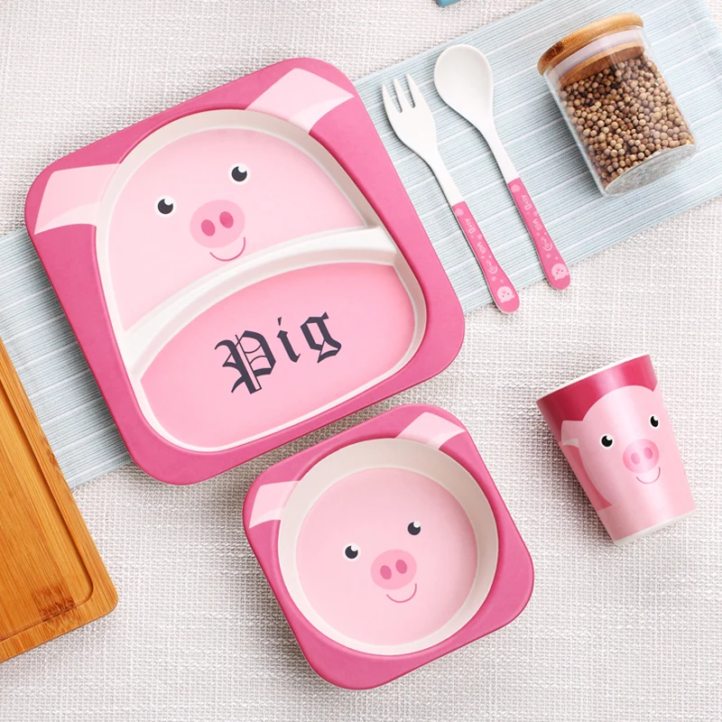 5pcs Natural Bamboo Fiber Bowl Children Cartoon Cute Animal Tableware Set Baby Dinner Plate Training Bowl Spoon Fork Cup For Kid