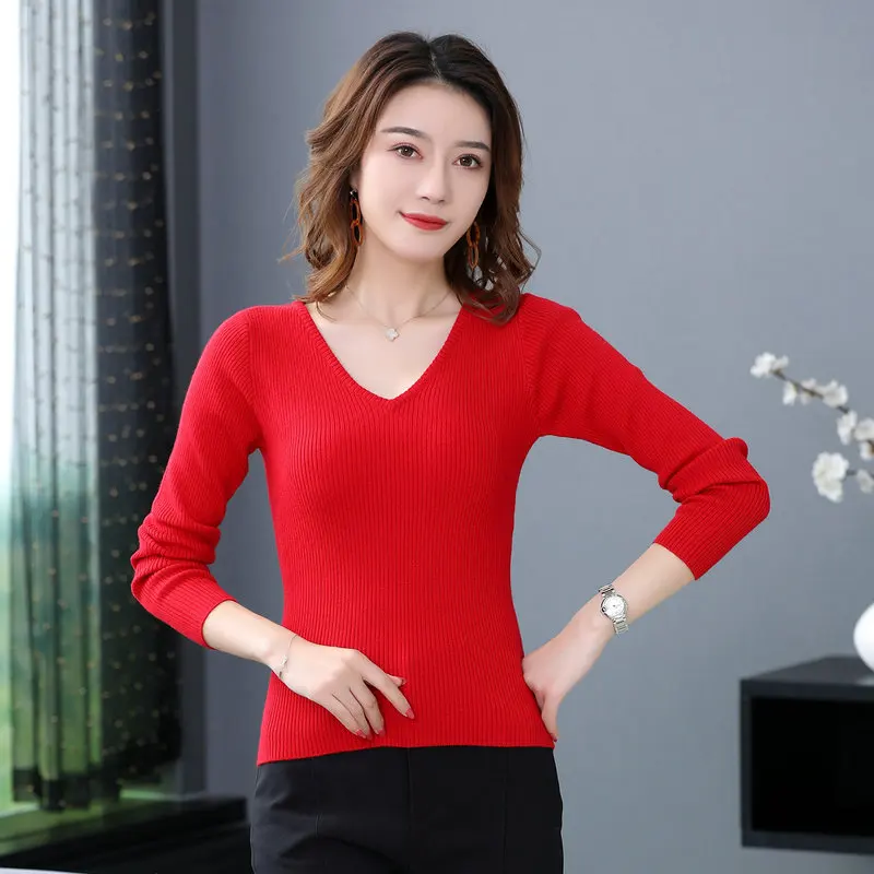 

Woman Slim Fit Sweater Wool Blend Plain Knitted Tops Womens Pure Colour Soft Basic Knitwear V-nek Ripple Bottoming Pullovers New