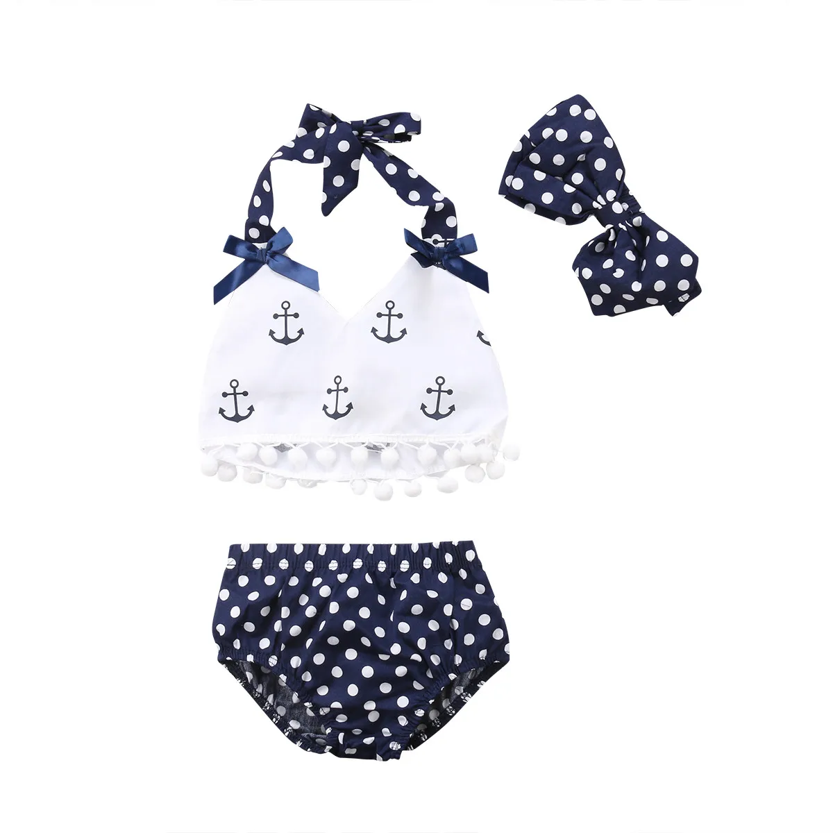 

2018 Rompers Clothes Sets Anchors Bow Top+Polka Dot Briefs+Head band 3pcs Sleeveless Outfits Set Summer Fashion Baby Girls