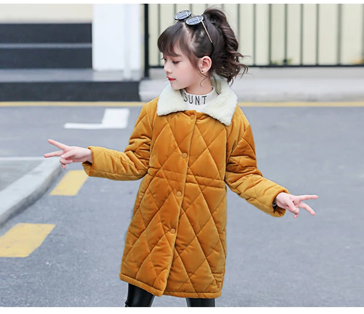 Детское длинное хлопковое пальто золотого бархата коричневого цвета для девочек, куртка, одежда для девочек, стеганая верхняя одежда, пальто осень-зима, новинка