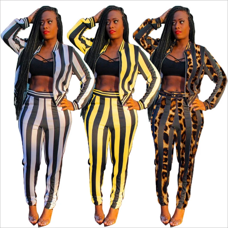 

Autumn Winter Outfits Leopard Striped Printed Two Piece Set Cardigan Long Pants Sweat Suit Sexy Casual Matching Sets Clothing
