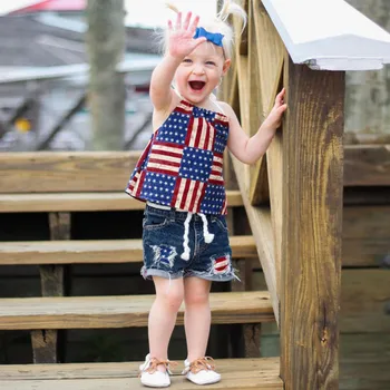 

4th of July Baby Stars Stripe Print Patriotic Sleeveless Tops+Denim Shorts Outfits Summer Toddler Girl Clothes HOT
