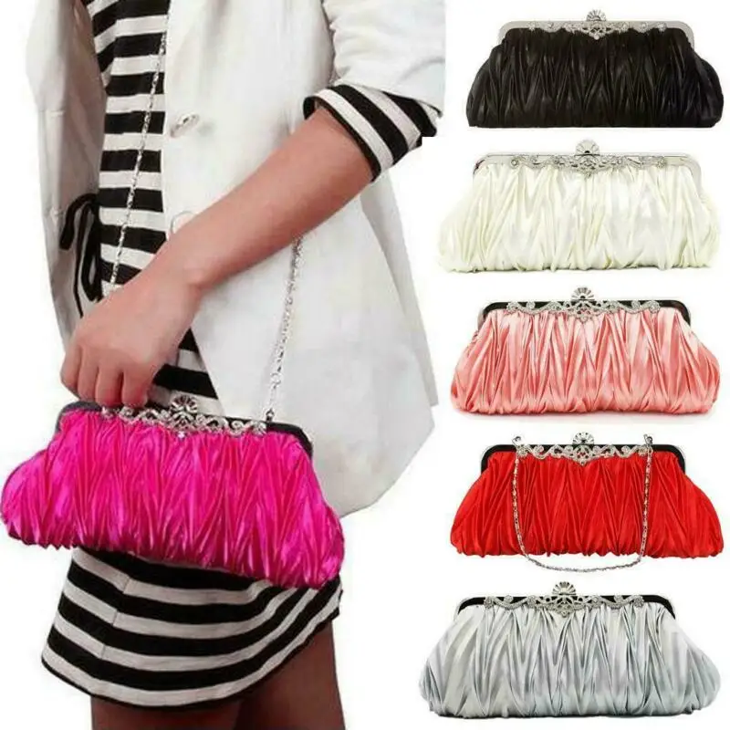 Women Crystal Satin Small Evening Clutch Bag Ladies Elegant Chain Rhinestones Wrinkle Pattern Evening Party Crossbody Bag Purse shoulder bags women evening bag