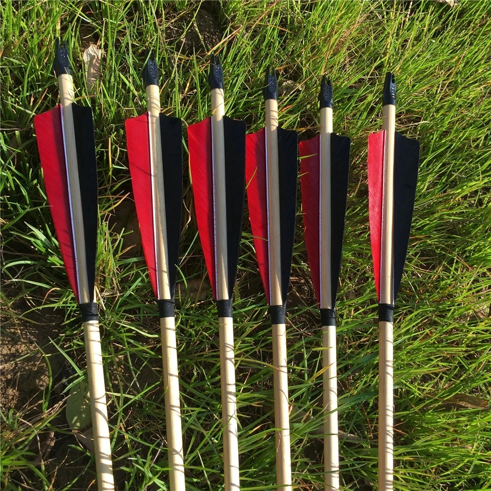 6pc Red Wooden Arrows 80cm Turkey Feather 20-70 Lbs Compound Bow Archery Hunting 