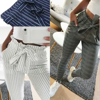 

New Women Plaid Pants High Elastic Waist Lace Up Belt Office Lady Baggy Slacks Casual Ankle Length Trousers Business Autumn