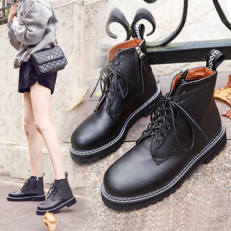 

Martin Boots Women's 2019 Autumn And Winter New Style Short Boots with Thick round British Style Thick Bottomed Short Black Tie