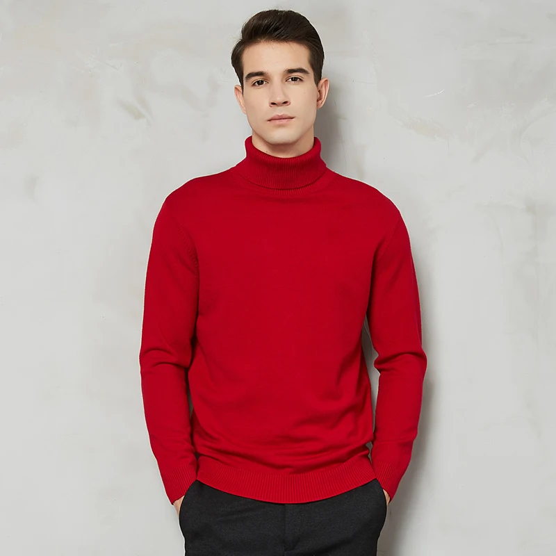 thumbnail image 1 of Suéteres de cuello alto cálidos de lana y algodón para hombre, suéteres casuales de color sólido, suéteres de punto rojos de Año Nuevo y Navidad para otoño e invierno, 1 of 5