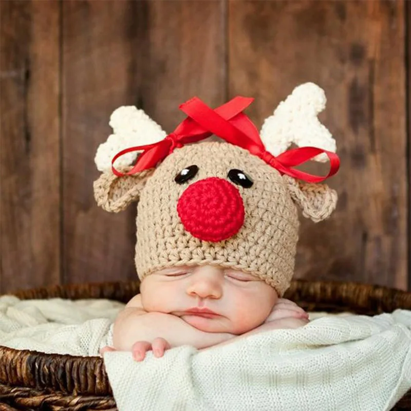 

New Lovely Christmas Elk Baby Hat Winter Warm Crochet Knit Toddler Hat Newborn Photography Prop 1-4Y Children Pompom Cap #p