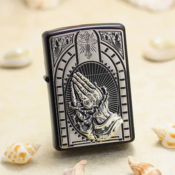 

Genuine Zippo oil lighter copper windproof Black Silver pray carving cigarette Kerosene lighter Gift anti-counterfeiting code