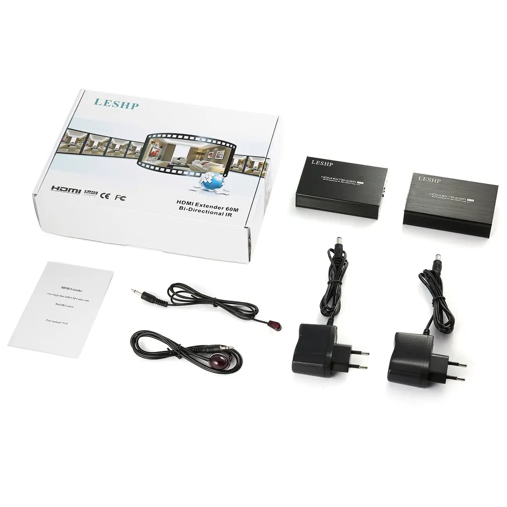

LESHP 60m/200ft HDMI Extender Transmitter and Receiver Set Bi-directional IR 3D HDMI Loop Out with Dual IR Control