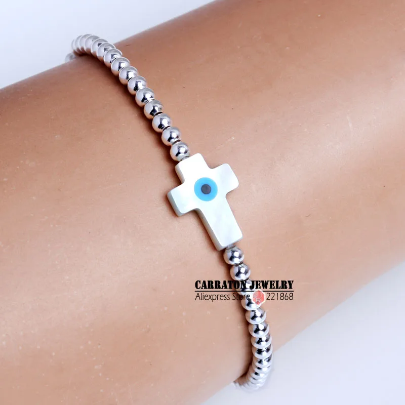 Cross Новые модные эластичные строка Mother Of Pearl В виде ракушки Хамса рука Фатимы сглаза крест с стерлингового серебра 925 бисера браслет - Окраска металла: Cross