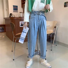 Весенние джинсы Для женщин синие свободные штаны-шаровары шикарный ремень промывают дно Roll Up джинсы уличной