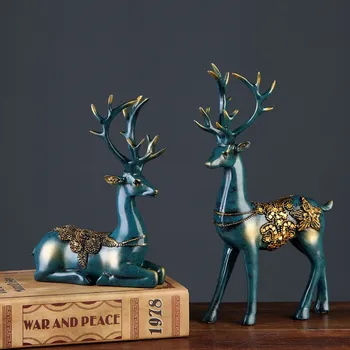 

2pcs/set Resin Deer Figurine Statue European Home Living Room Decor Crafts Abstract Animal Sculpture Office Desktop Ornament