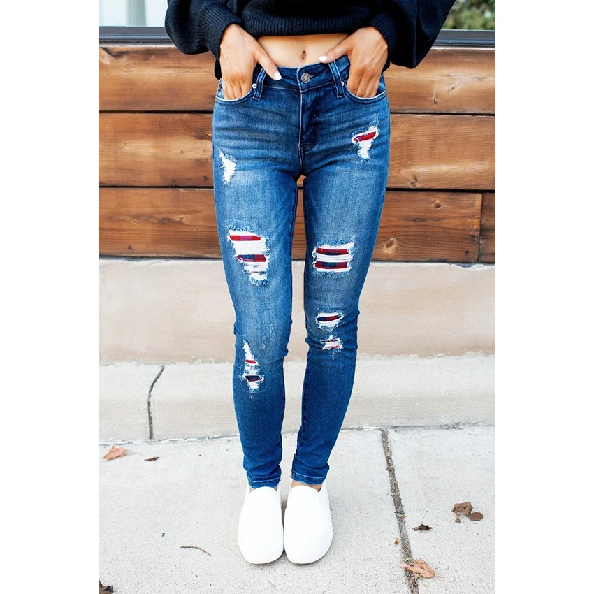 

Overole Jeans Mujer Strech Jeans For Women Ripped Jeans For Women Mom Jeans High Waist Trousers Ripped Hole Contrast Denim Pants