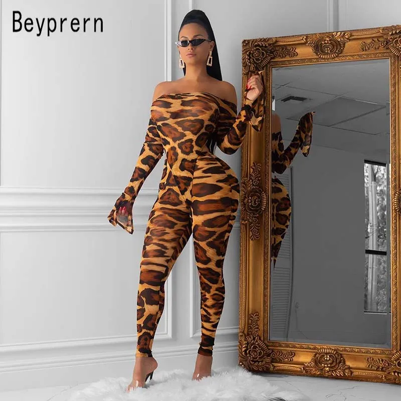 Комбинезон с леопардовым принтом Beyprern(коричневый/золотой), сексуальный комбинезон с открытыми плечами, сетчатый комбинезон, комплект из 2 предметов