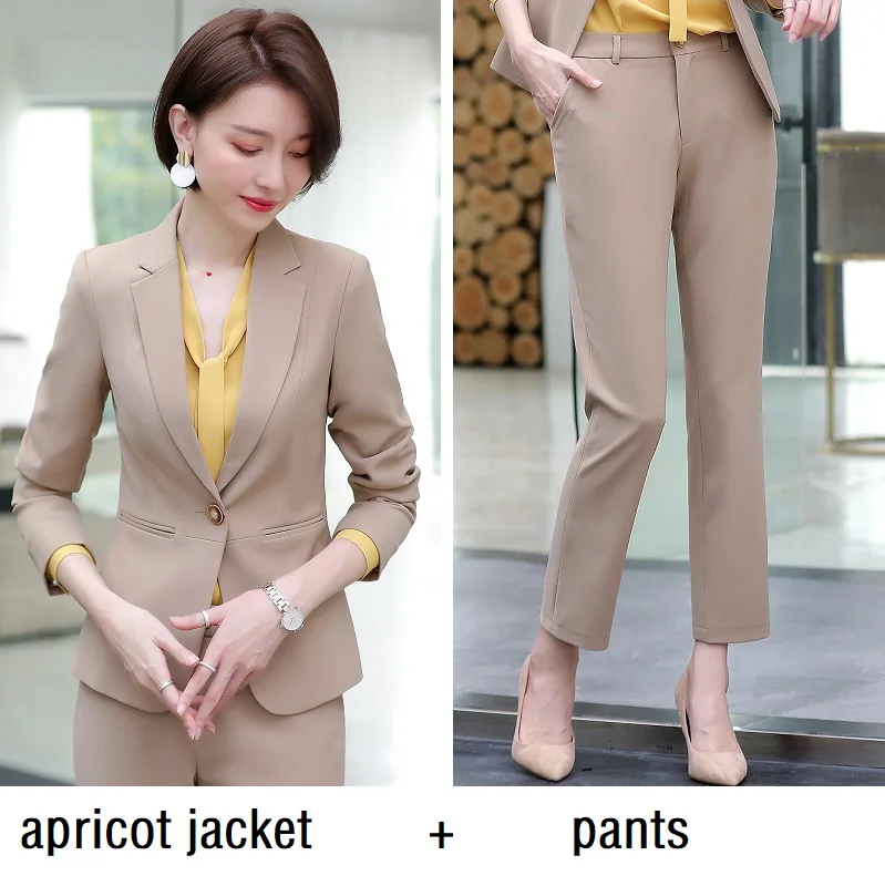 apricot jacket pants Женские костюмы тонкие весенние однотонные куртки брюки OL формальные женские брючные костюмы женский комплект костюмы 368 - Цвет: apricot jacket pants