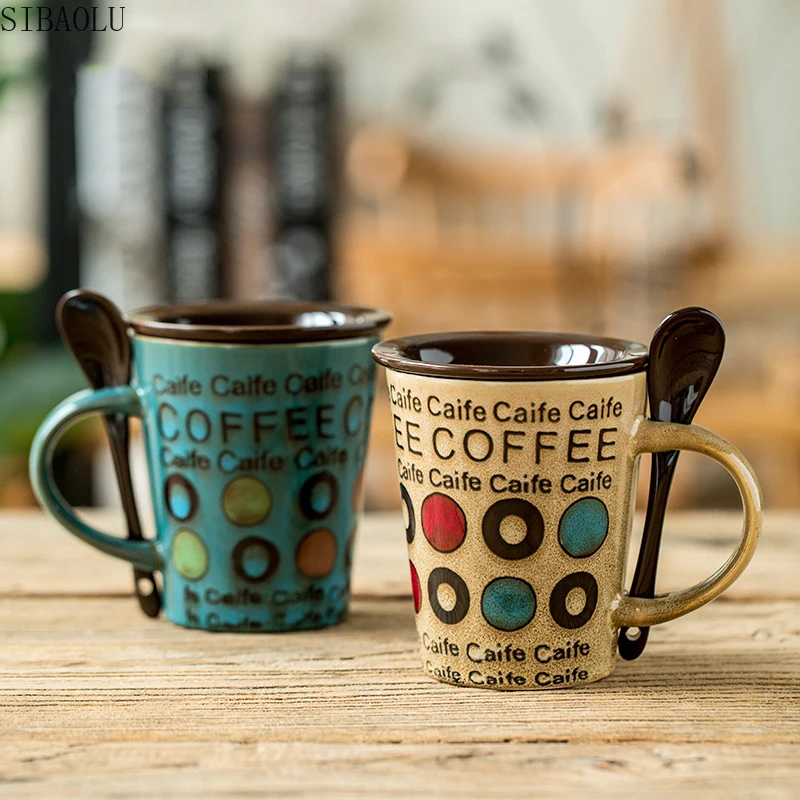 Creative Ceramic Cup Retro Personality Trend Mug Japanese Style Simple Cup Coffee Cup Household Water Cup with Lid Spoon