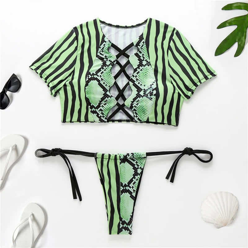 Women Thong Bathing Suit Bikinis Swim Wear Maillot De Bain Femme Beachwear Sexy Green Print Bandage Bikini Set Swimsuit | Женская одежда