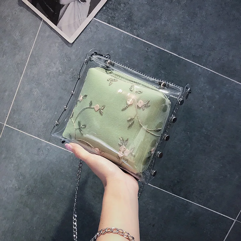 

2019 new JIULIN high quality Korean version of the makeup wild lace chain transparent jelly shoulder bag chest bag lady bag