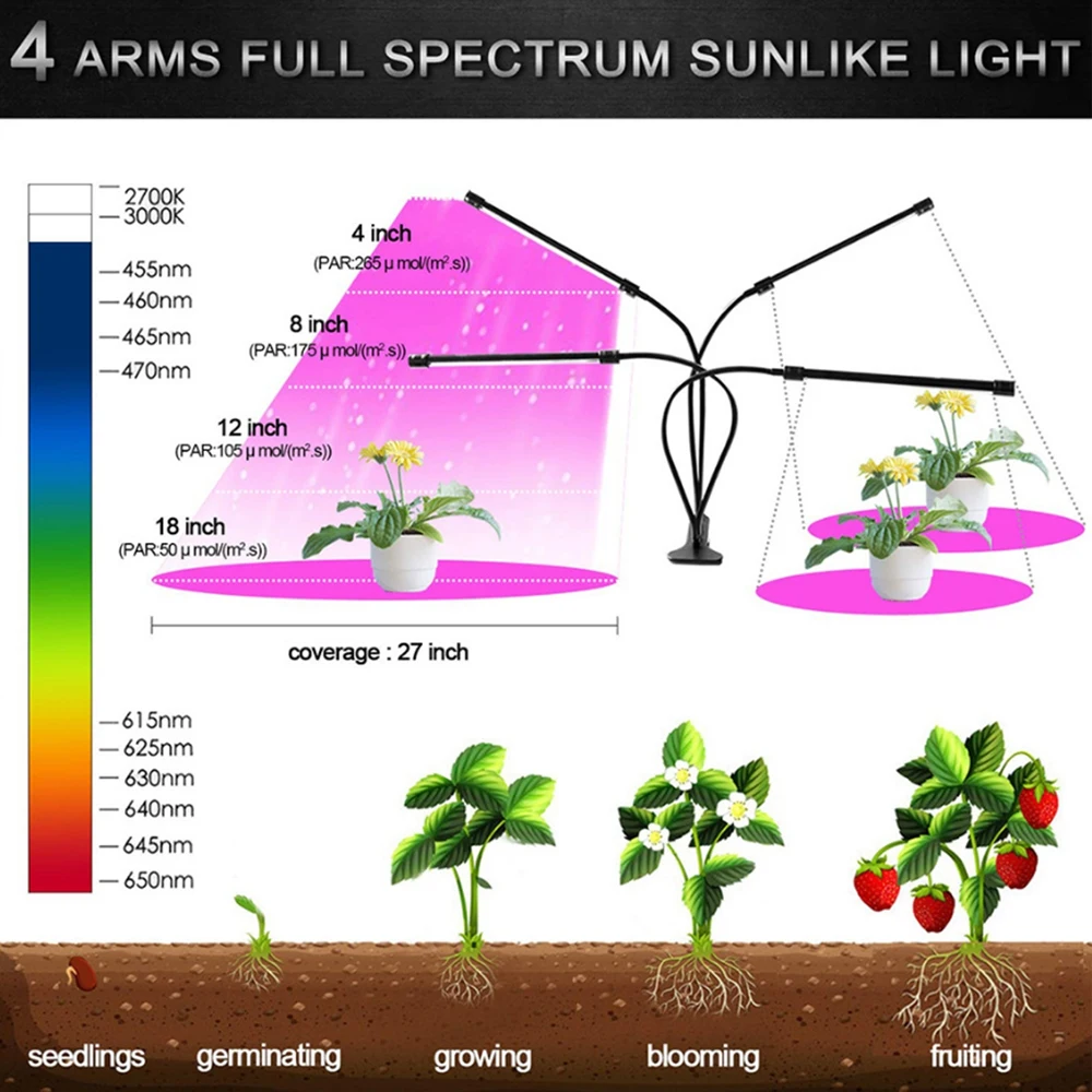 Full Spectrum LED 4 Tube Planting Light Flexible Clip USB Power Desktop Plant Growth Lamp Indoor Plant Growth Light For Flowers 7