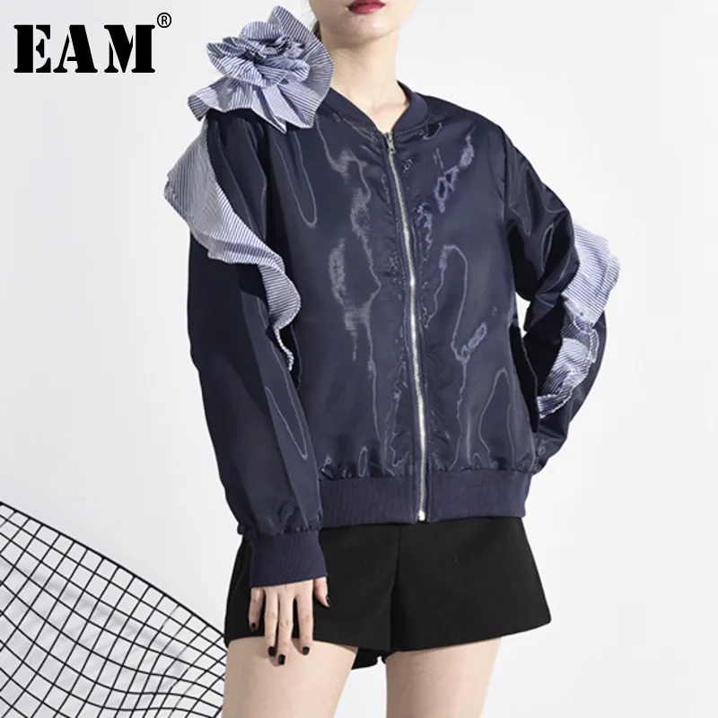 

[EAM] Loose Fit Three-dimensional Ruffles Big Size Jacket New Stand Collar Long Sleeve Women Coat Fashion Spring 2020 1M98905