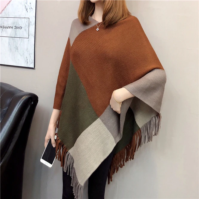 Pull Femme Autumn Winter Women Tassel Knitted Sweater Poncho Sexy Striped V Neck Irregular Hem Casual Loose Pullover Coffee women zaful lace up drop shoulder v neck sweater m coffee