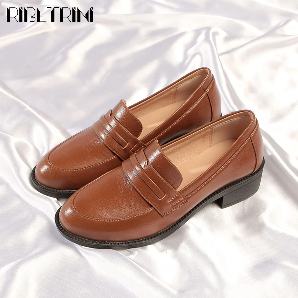 

RIBETRINI Brand New Ladies Quality Genuine Leather Shoes Woman Spring Ol slip-on Pumps Women Office Med Heels Pumps