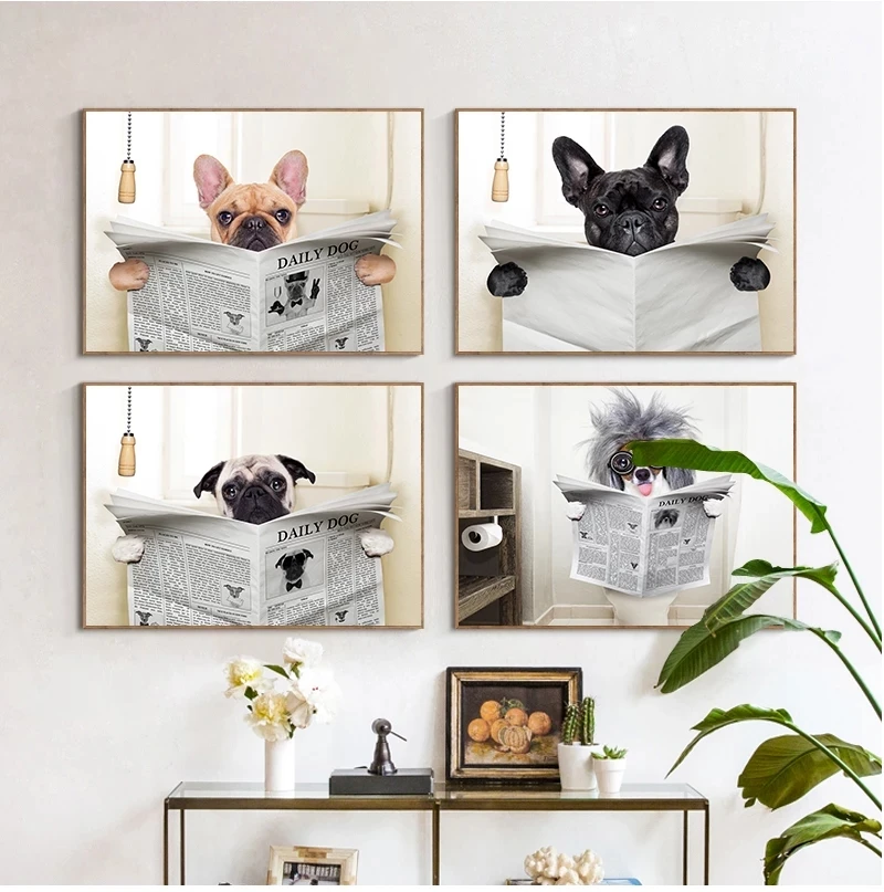 

Reading Newspaper Toilet Dog Funny Poster and Prints Wall Art Canvas Painting Pictures for Dog Lovers Gift Home Bathroom Decor