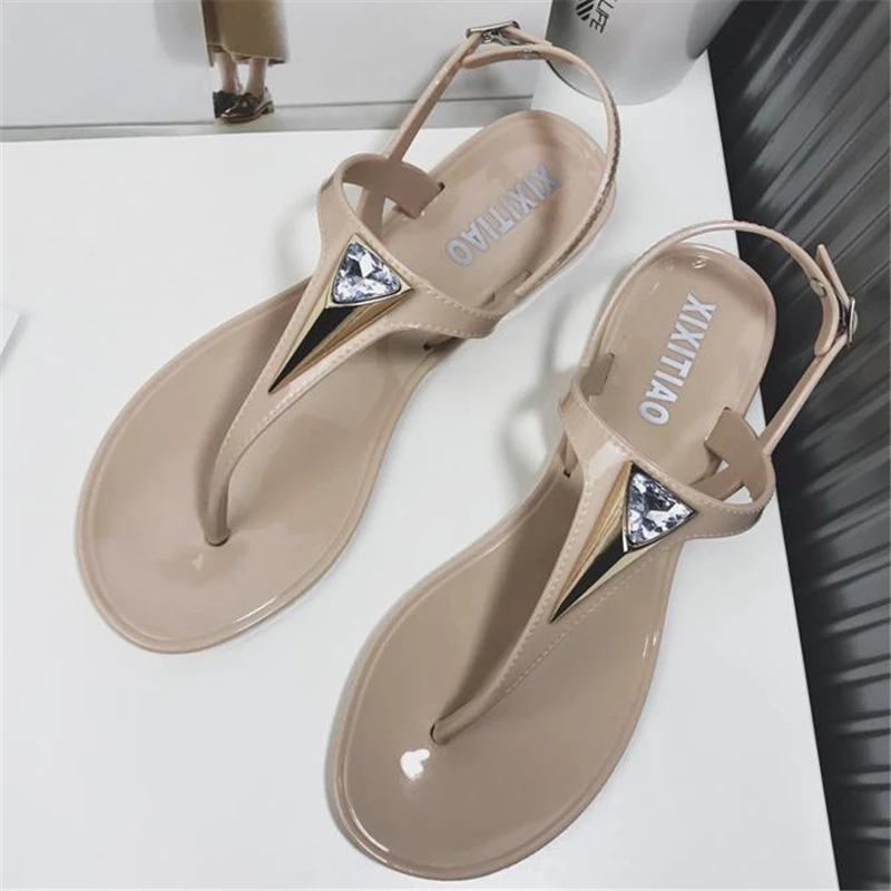 Модные женские сандалии с Т образным ремешком на плоской подошве|rhinestone flat sandals|flat