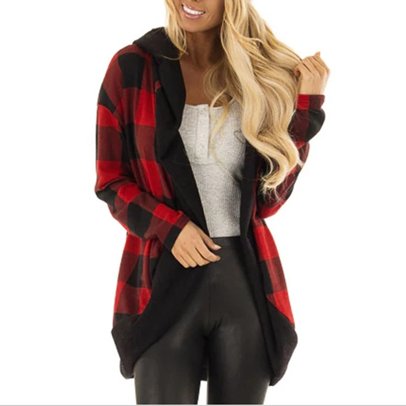 Women Plaid Cardigan Coat Casual Long Sleeve Color Block Open Sitch Coat Top Autumn and Winter Outer Wear Hooded Coat