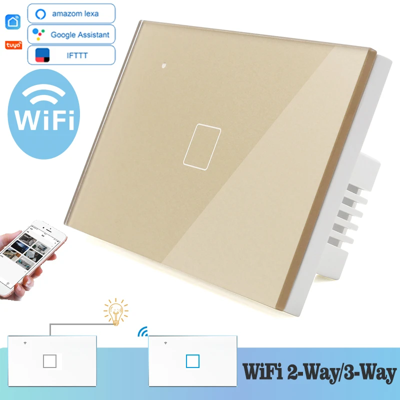 WIFI Touch Light Wall Switch Gold Glass Blue LED 118*72mm Smart Home Phone Control 1Gang 2Way Square Alexa Google Alice | Обустройство