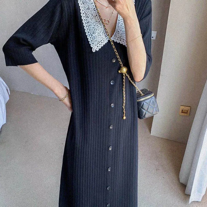 Women Oversized Strentch Knitted dress Office Lady  Autumn solid Trun down collar Sweater Dress Female Winter knee Length dress