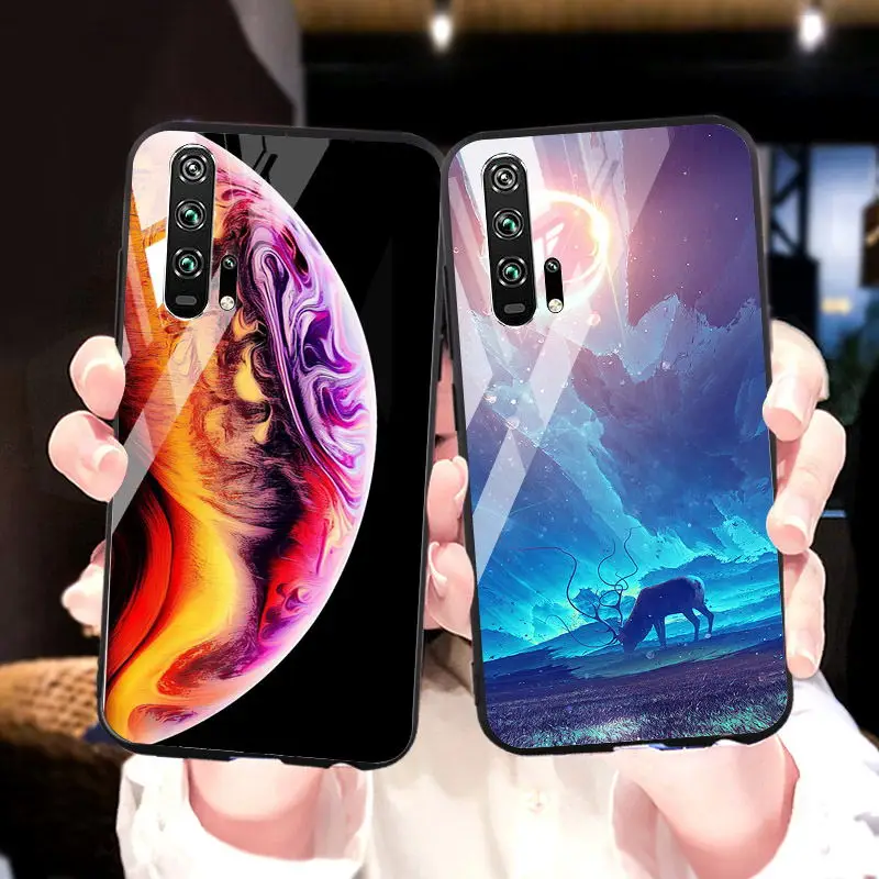 Закаленное Стекло чехол для huawei honor 20 Чехлы с космическим звездным принтом Coque Pro