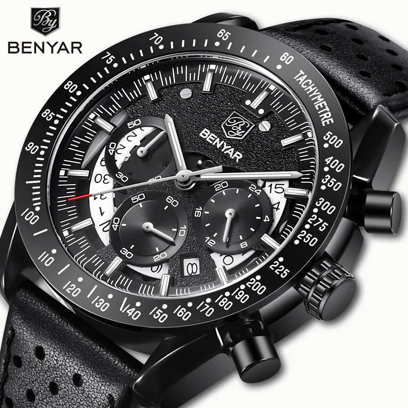 2019 Hot BENYAR sports watch men chronograph Luxury Brand military dial watches men leather watches Erkek Kol Saati Relogio Man