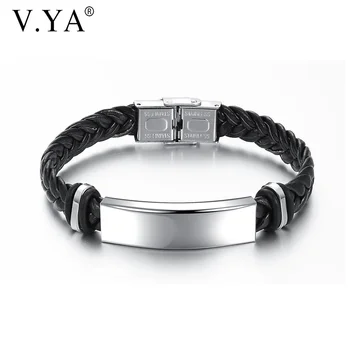 

V.YA Men's Stainless Steel Leather Bracelet Customizable Diy Engraving Casual Personalized Bracelet Friends Gift
